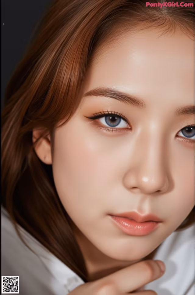 a close up of a woman's face with long brown hair