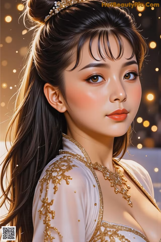 A woman with long black hair wearing a gold dress.