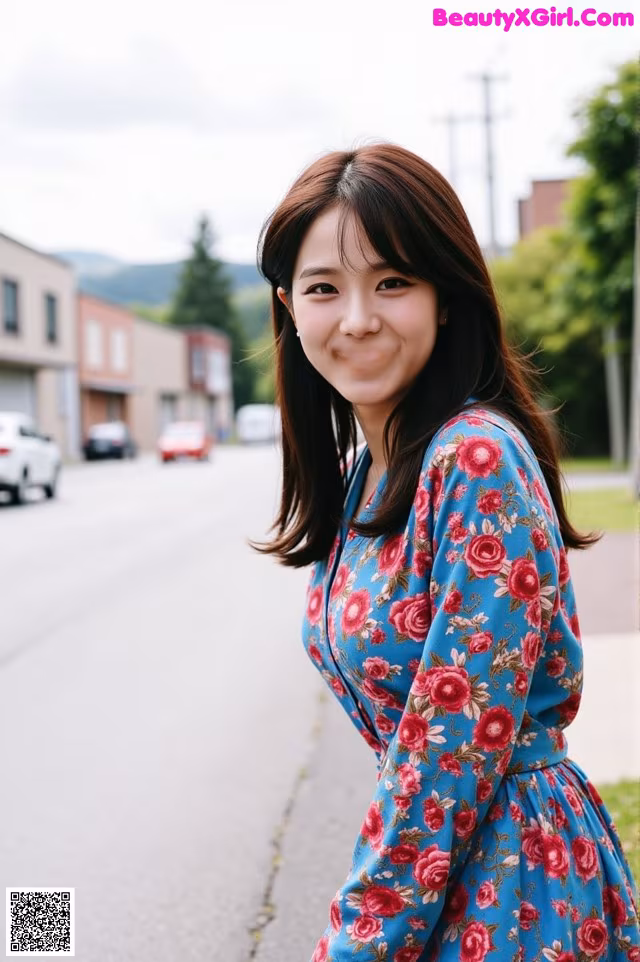 A woman in a blue dress standing on the side of a road.