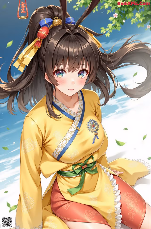A woman in a yellow kimono sitting on the ground.