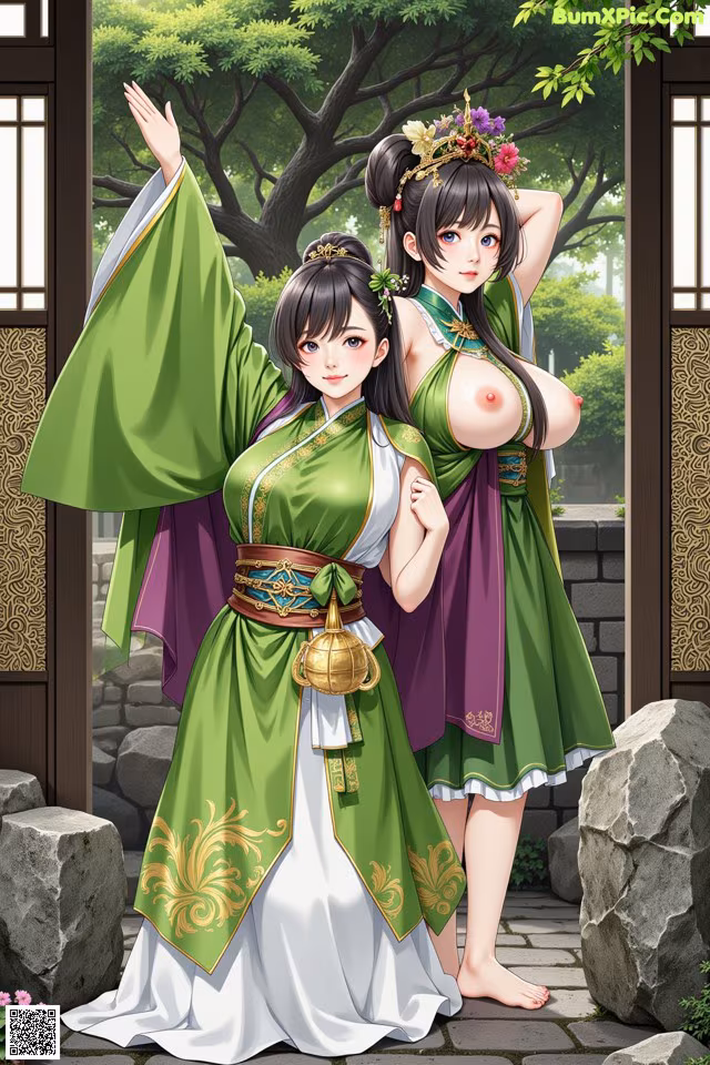 A couple of women dressed in traditional chinese clothing standing next to each other.
