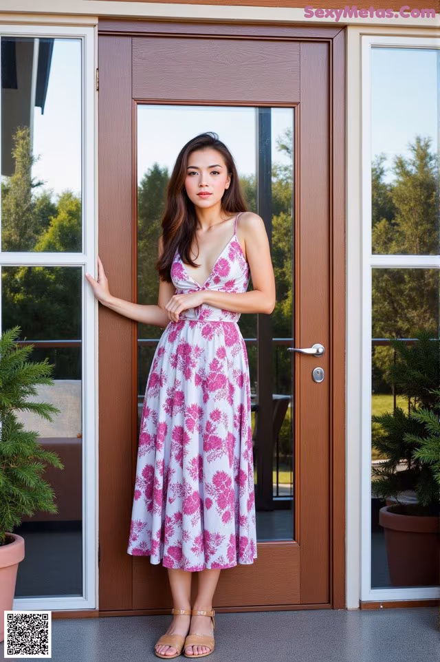 A woman standing in front of a door wearing a pink and white dress.