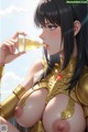 A woman in a golden outfit drinking from a glass.