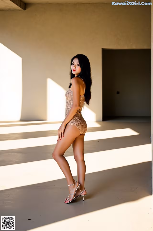 A woman in a leopard print bodysuit posing for a picture.
