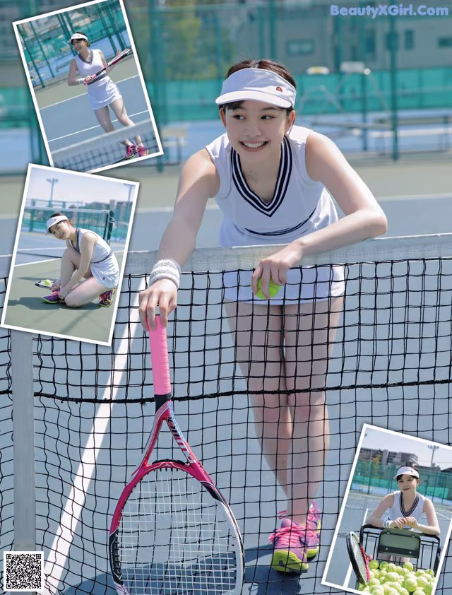 A woman holding a tennis racket on a tennis court.