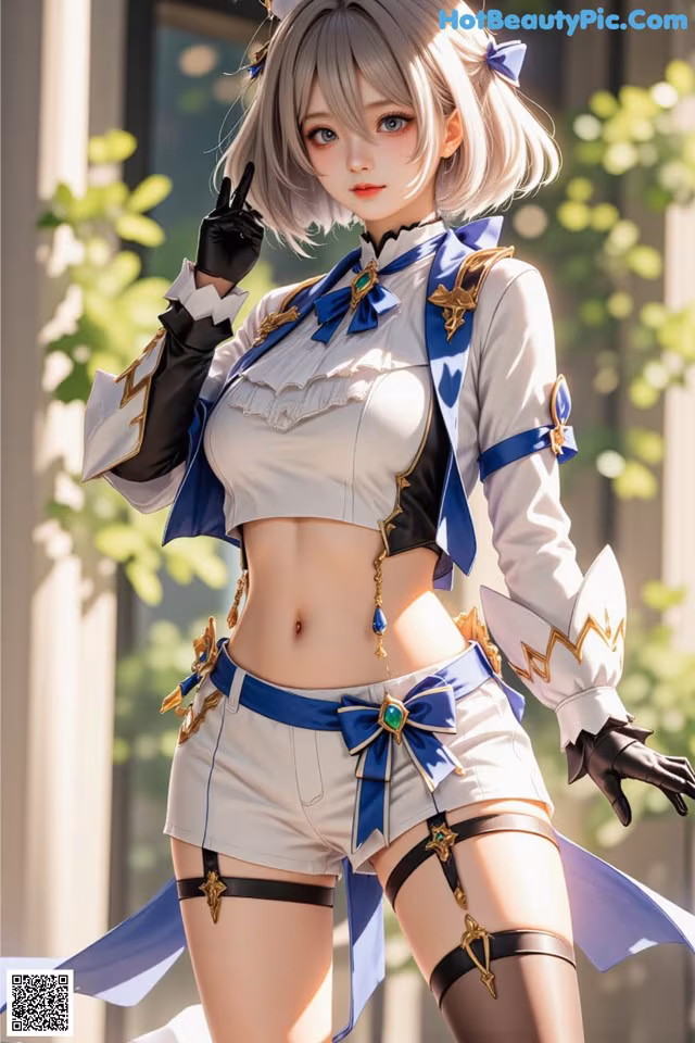 A woman in a white and blue outfit posing for a picture.
