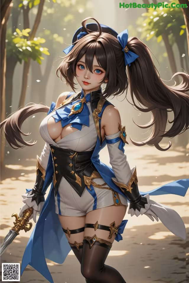 A woman in a blue and white outfit holding a sword.