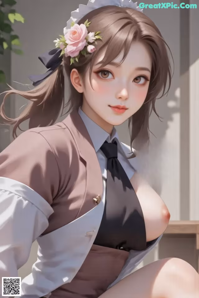A woman in a maid outfit with a flower crown and bow tie.