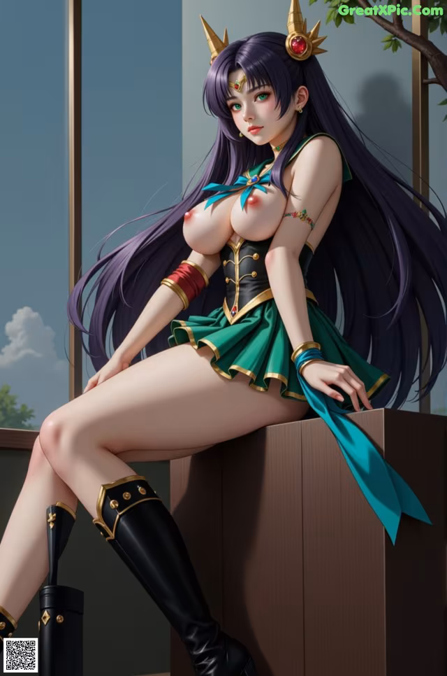 A woman with long purple hair sitting on top of a wooden box.