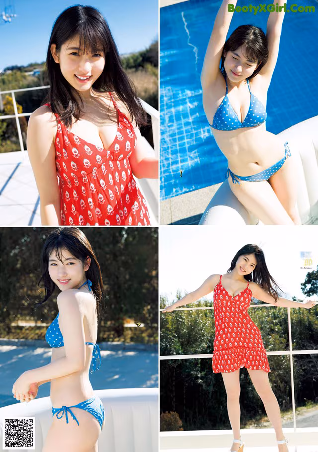A woman in a red and blue bikini posing by a pool.